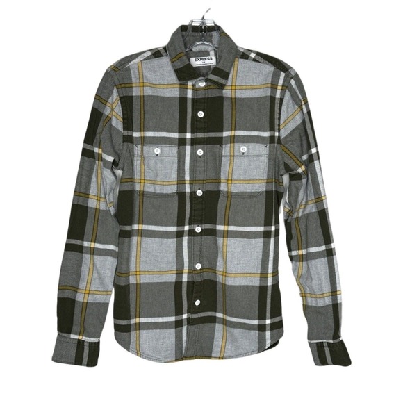 Express Shirt Men Small Gray Yellow Plaid Button Up Casual Preppy Country Rustic - Picture 1 of 6